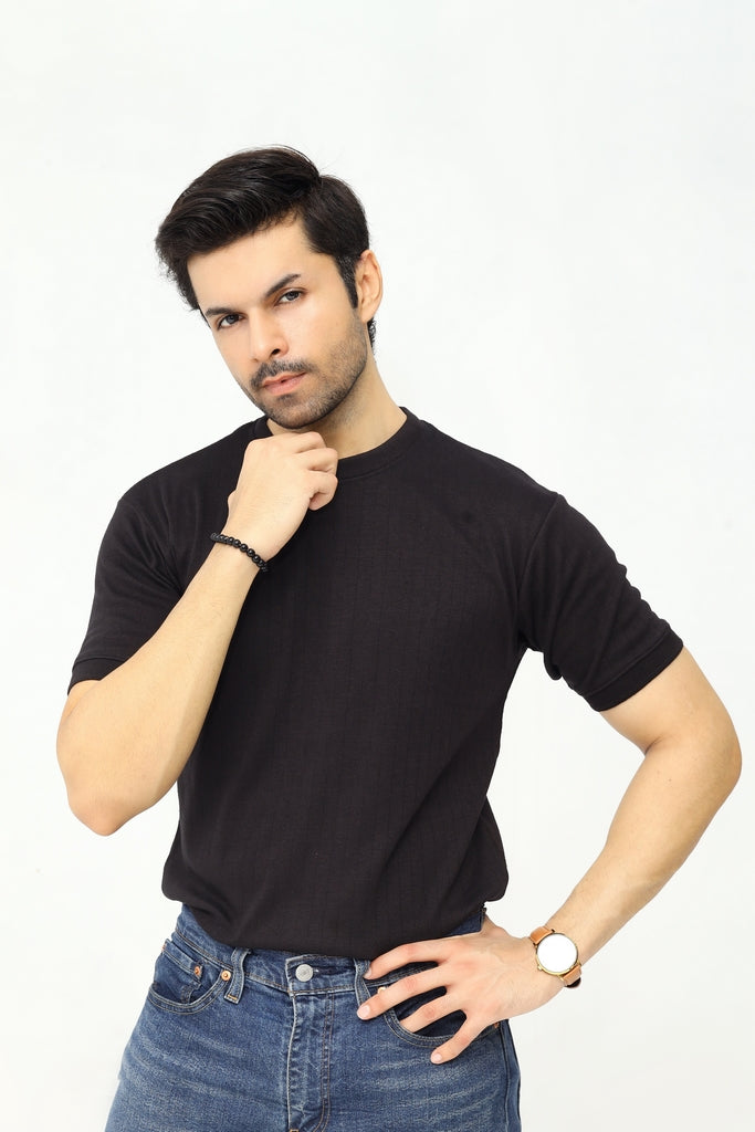 Drop Needle Knitted Tee | Deep Charcoal