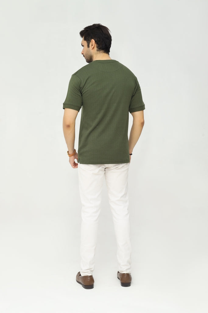 Drop Needle Knitted Tee | Deep Olive