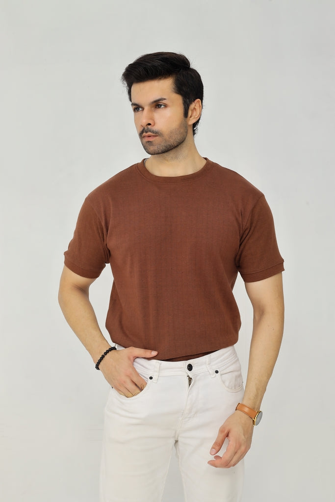 Drop Needle Knitted Tee | Earth Brown