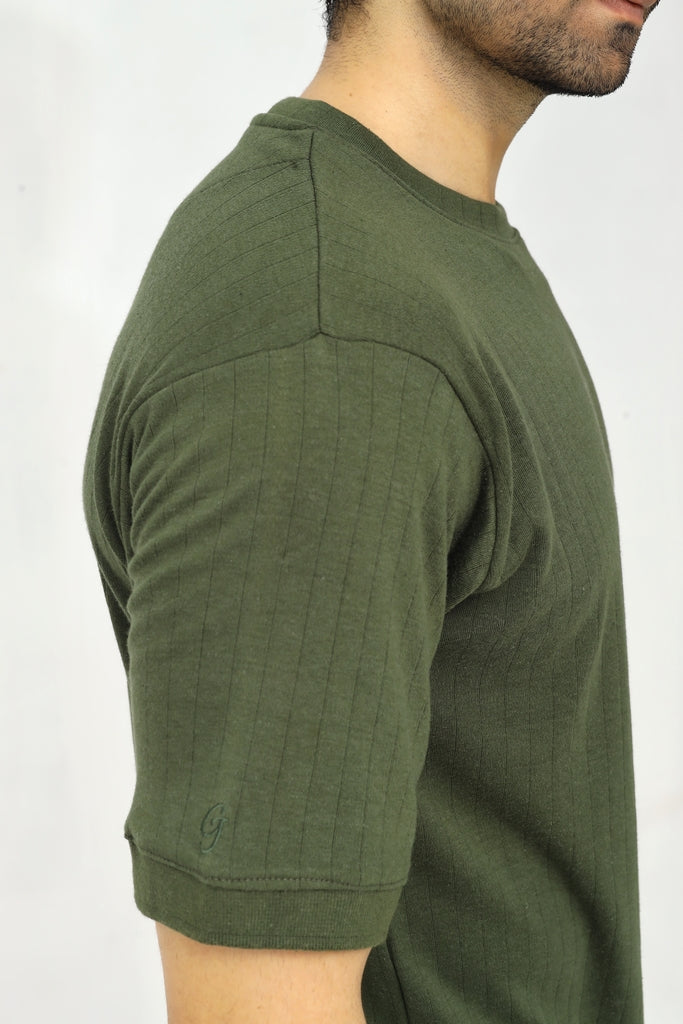 Drop Needle Knitted Tee | Deep Olive