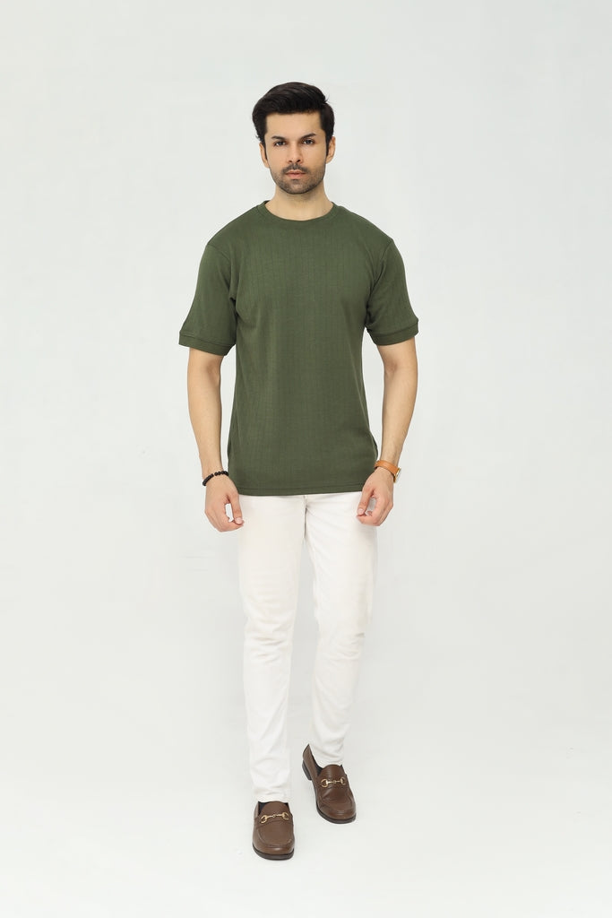 Drop Needle Knitted Tee | Deep Olive
