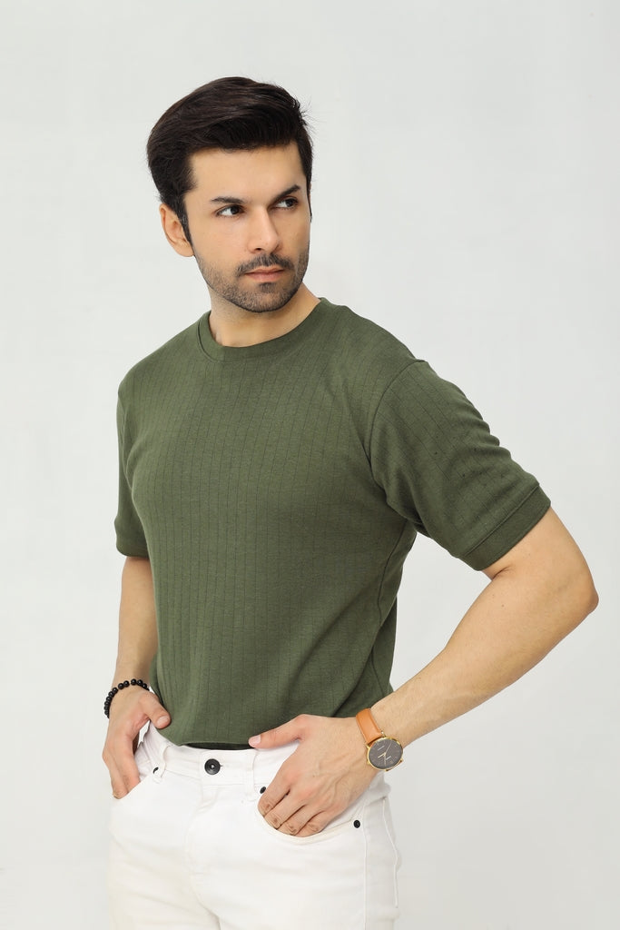 Drop Needle Knitted Tee | Deep Olive
